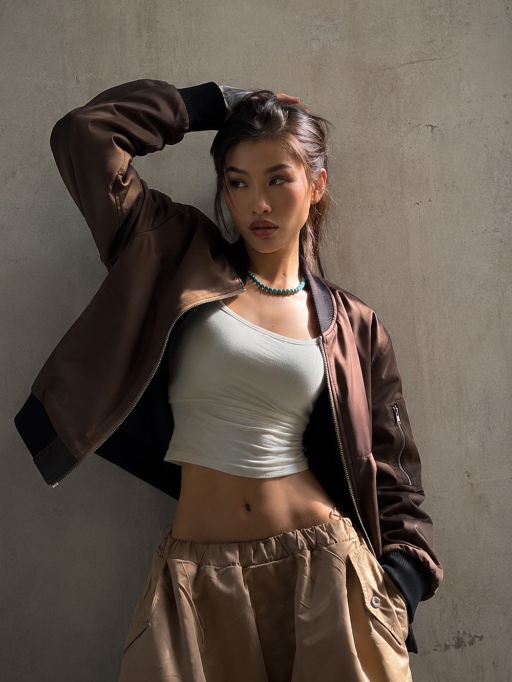 Brown & Black Bomber Jacket | Lightweight Zip-Up Jacket | Size S